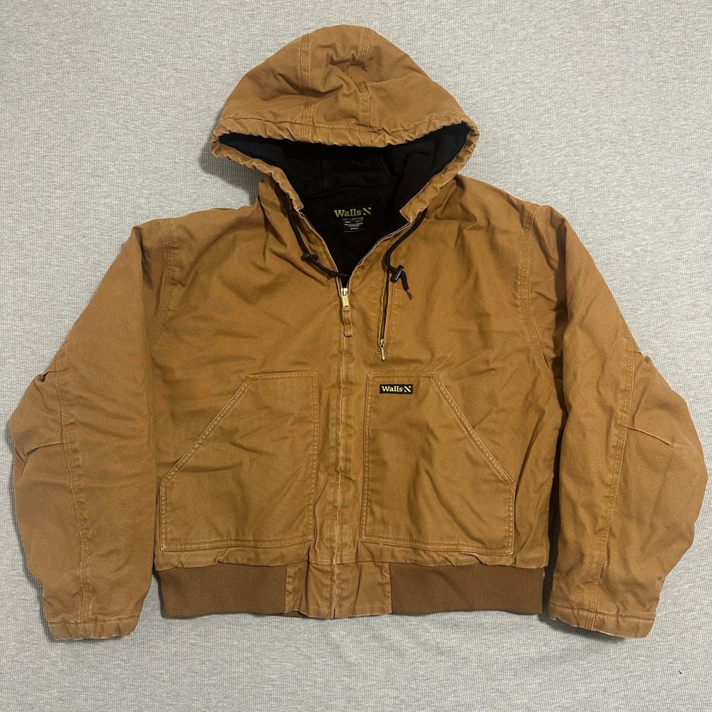 Walls Hooded Work Jacket Mens Large Regular Brown Duck Canvas Insulated Full Zip